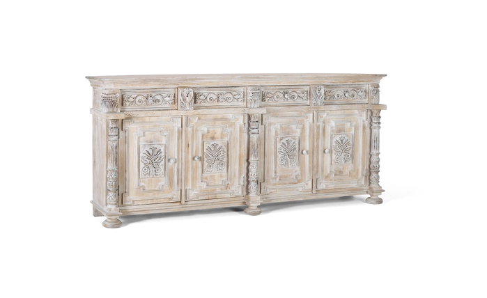 GINER Y COLOMER Buffet en bois de manguier avec 4 tiroirs et 4 portes, finition blanc vieilli - L.225 x H.100 cm